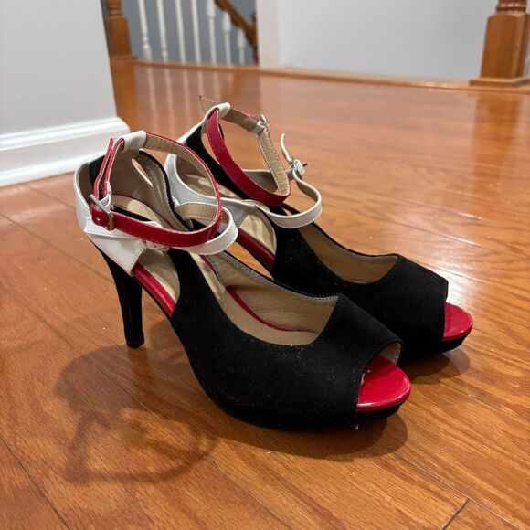 BOUTIQUE Red White Black Open Toe Sz 41 Formal Work Women's Heels Shoes Footwear - Picture 1 of 5